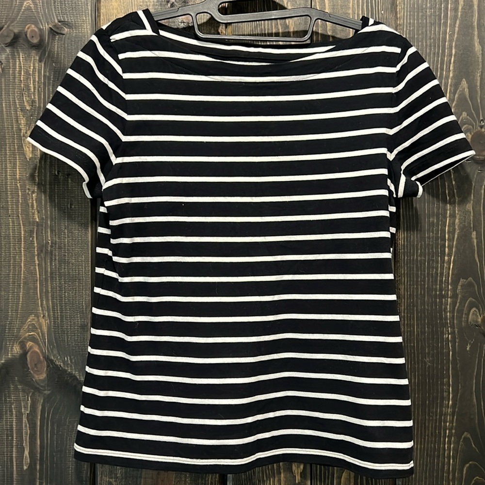 Kate Spade‎ Black Stripe Top M Essential Tee Cotton Bow Minimalist Preppy Basic